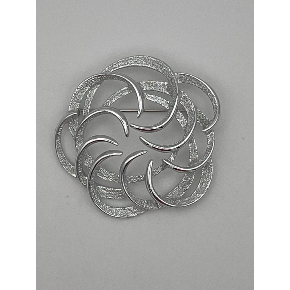 Swirl Flower 2" Brooch Silver Tone Unknown Brand